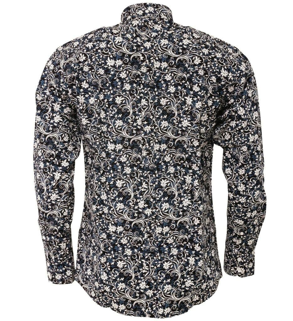 Relco Mens Black White Floral Style Long Sleeve Shirt Button Down ...